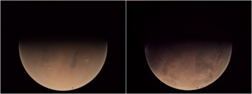 Side-by-side comparison of PANGU (left) and VMC (right) images of Mars